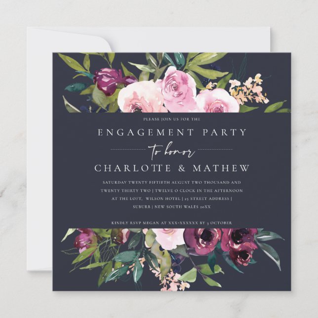INVITACIÓN NAVY RUBOR BURGUNDY FLORAL BUNCH BRIDAL SHOWER (Anverso)