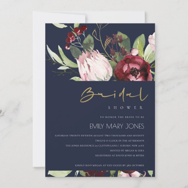 INVITACIÓN NAVY RUBOR BURGUNDY PROTEA FLORAL BRIDAL DUCHA (Anverso)