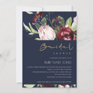 INVITACIÓN NAVY RUBOR BURGUNDY PROTEA FLORAL BRIDAL DUCHA