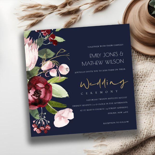 INVITACIÓN NAVY RUBOR BURGUNDY PROTEA PEONY BODA FLORAL (Subido por el creador)