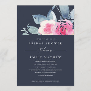 INVITACIÓN NAVY RUBOR FLORAL AZUL COLOR DE AGUA DUCHA BRIDAL