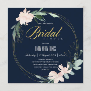 INVITACIÓN NAVY RUBOR FLORAL FRAME WATERCOLOR BRIDAL DUCHA