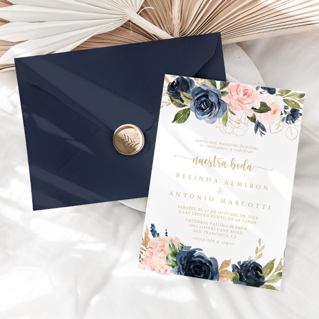 Invitación Navy Rubor Floral Gold Nuestra Boda Boda (Subido por el creador)