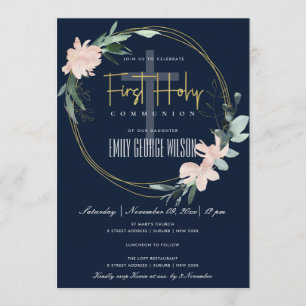 INVITACIÓN NAVY RUBOR FLORAL WATERCOLOR PRIMERA COMUNICACIÓN 