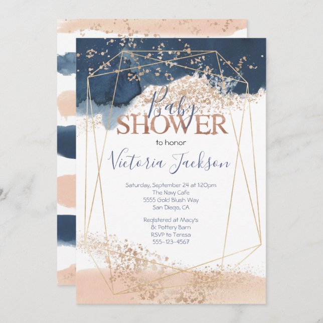 Invitación Navy Rubor Gold Baby Shower (Anverso / Reverso)