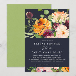 INVITACIÓN NAVY RUBOR NARANJA AMARILLO FLORAL BRIDAL DUCHA