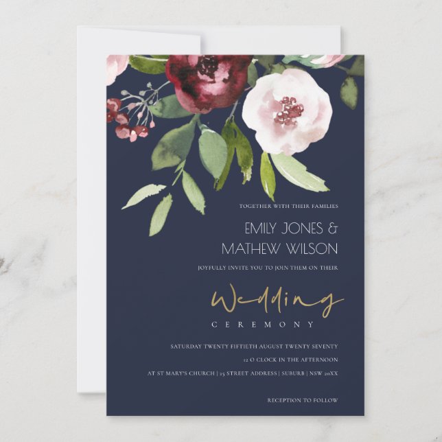 INVITACIÓN NAVY RUBOR PINK BURGUNDY PEONY BODA FLORAL (Anverso)