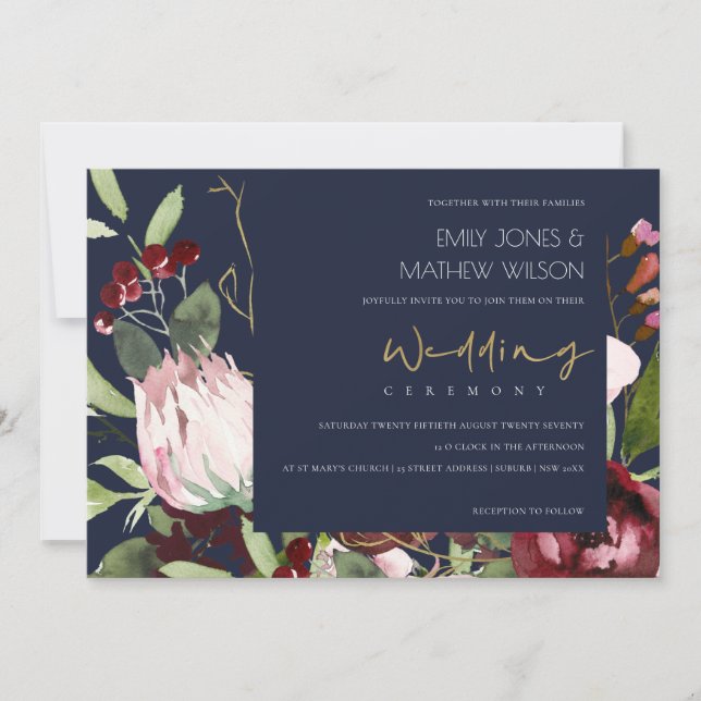 INVITACIÓN NAVY RUBOR PINK BURGUNDY PROTEA BODA FLORAL (Anverso)