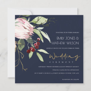 INVITACIÓN NAVY RUBOR PINK BURGUNDY PROTEA BODA FLORAL