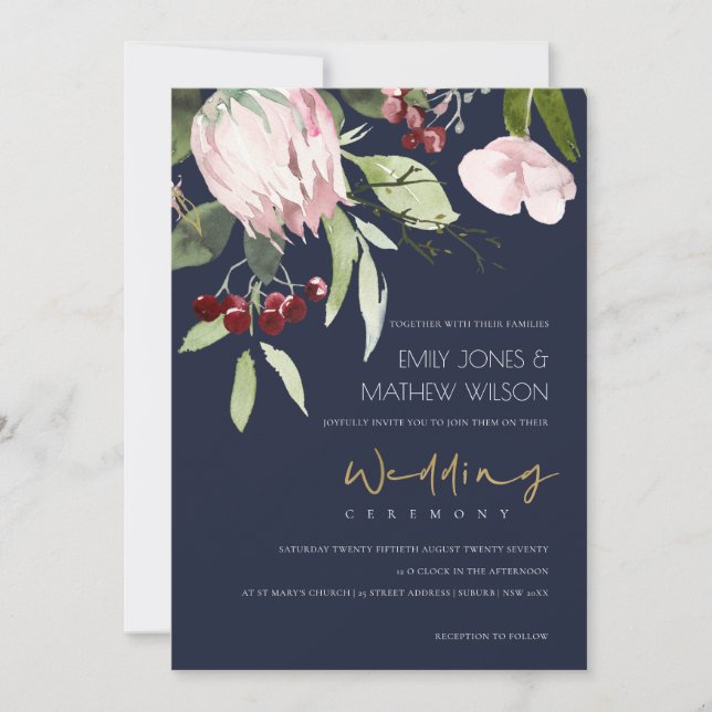 INVITACIÓN NAVY RUBOR PINK BURGUNDY PROTEA BODA FLORAL (Anverso)