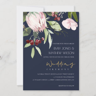 INVITACIÓN NAVY RUBOR PINK BURGUNDY PROTEA BODA FLORAL