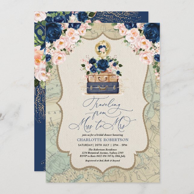 Invitación Navy Rubor Travel Adventure Bridal Shower (Anverso / Reverso)