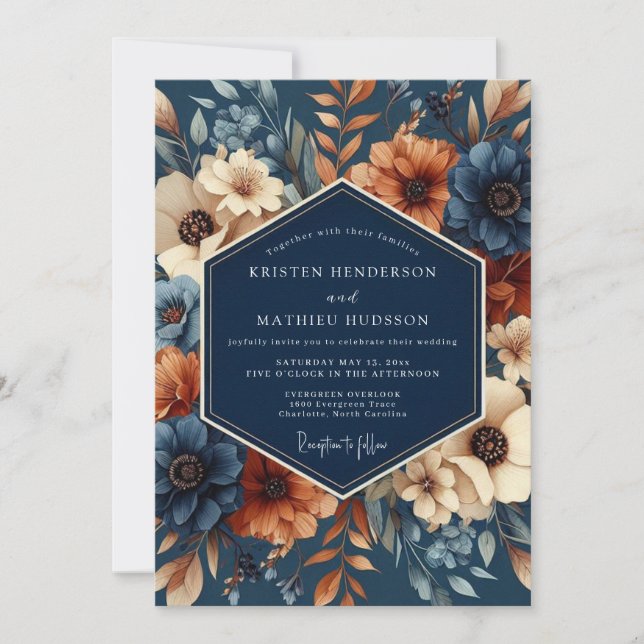 Invitación Navy Rust Artistic Flora Wedding (Anverso)