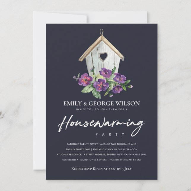 INVITACIÓN NAVY RUSTIC FLORAL BIRD HOUSE HOUSEWARMFIESTA (Anverso)