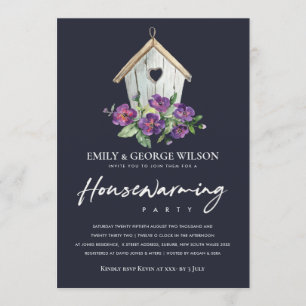 INVITACIÓN NAVY RUSTIC FLORAL BIRD HOUSE HOUSEWARMFIESTA