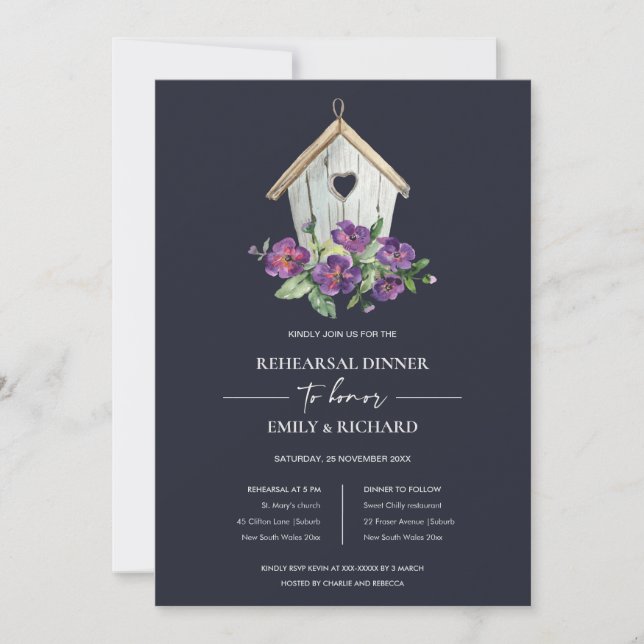 INVITACIÓN NAVY RUSTIC FLORAL BIRDHOUSE REHEARSAL CENA (Anverso)