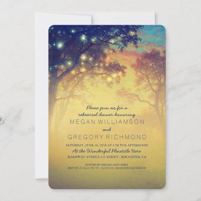 Invitación Navy Rustic String Lights Tree Ensayo Cena (Anverso)