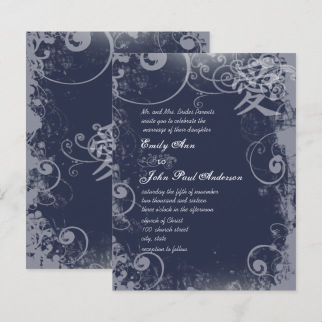 Invitación Navy Sacre Bleu Plata Metálica Kanji Love Swirl (Anverso / Reverso)