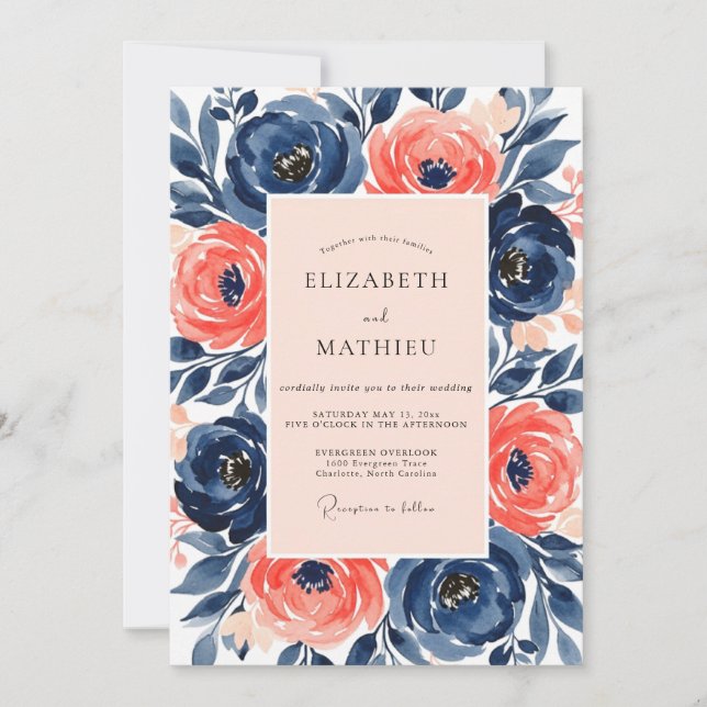 Invitación Navy Salmon Painterly Spring Wedding (Anverso)
