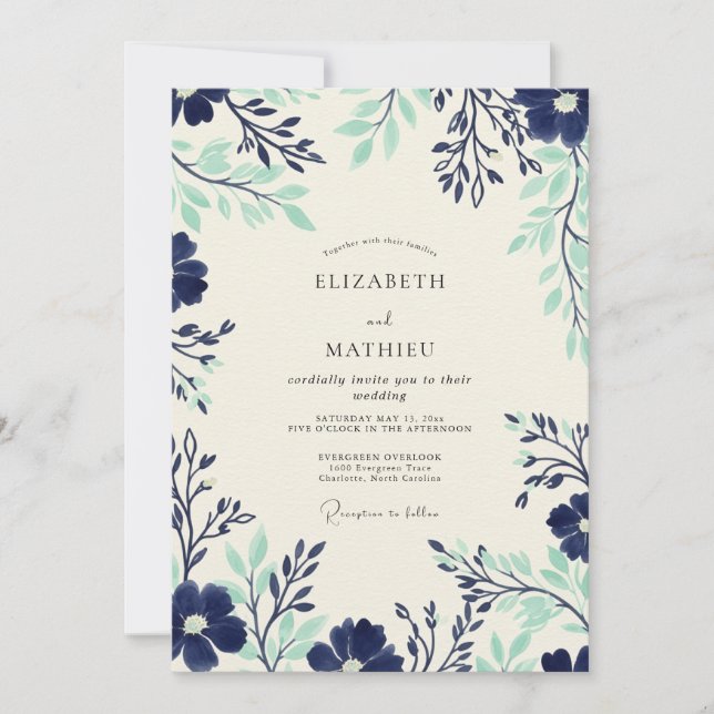 Invitación Navy Seafoam Timeless Botanical Wedding (Anverso)