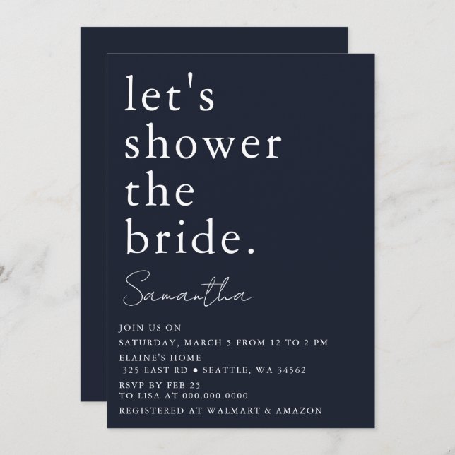 Invitación Navy Sencilla Elegante Moderna Ducha Bridal (Anverso / Reverso)