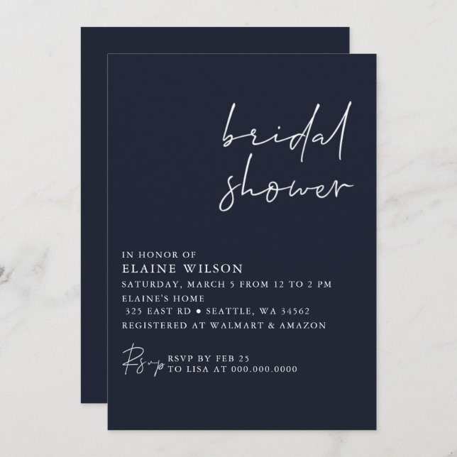 Invitación Navy Sencilla Elegante Moderna Ducha Bridal (Anverso / Reverso)