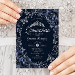 Invitación Navy Silver Butterflies Roses Quinceanera<br><div class="desc">Navy and silver Quinceanera celebration invitation. Features silver butterflies,  watercolor roses tiara and script font. Perfect for an elegant princess style glam celebration. Personalize with your own details. Printed Zazzle invitations or instant download digital printable template.</div>
