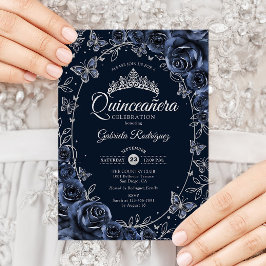 Invitación Navy Silver Butterflies Roses Quinceanera