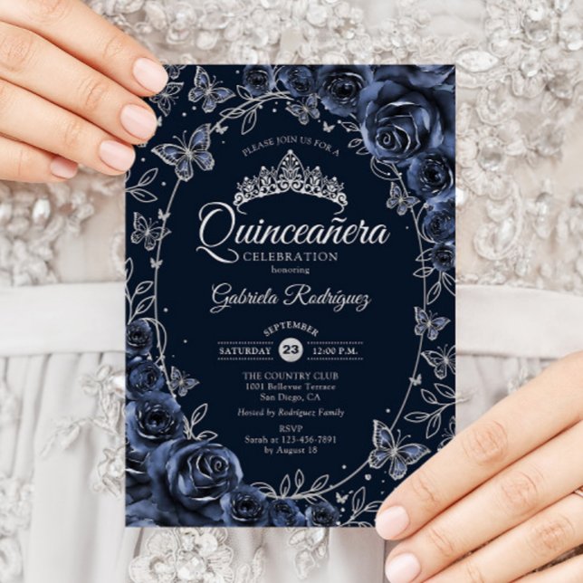 Invitación Navy Silver Butterflies Roses Quinceanera (Subido por el creador)