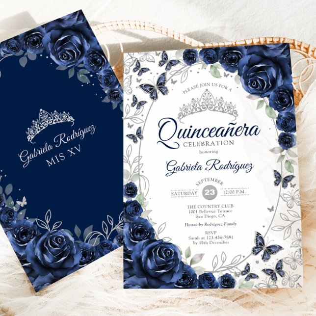 Invitación Navy Silver Floral Quinceanera (Subido por el creador)