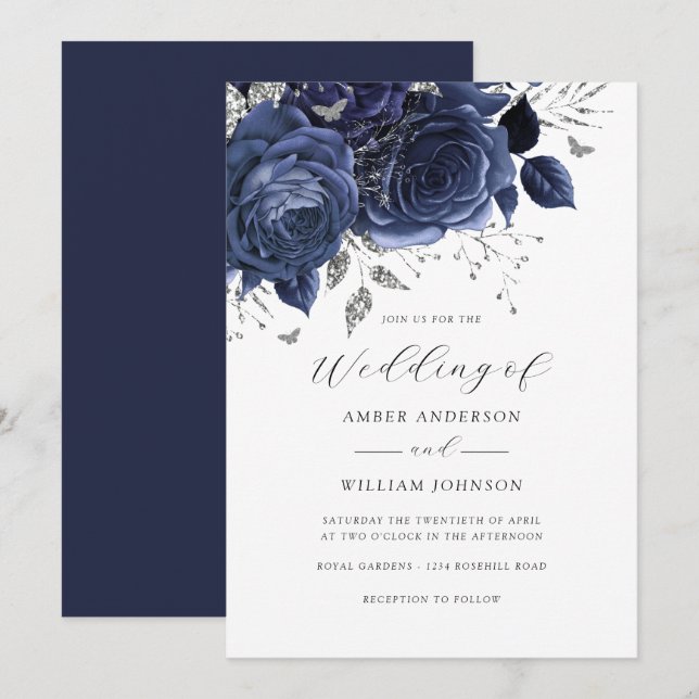 Invitación Navy Silver Floral Rose Wedding   (Anverso / Reverso)