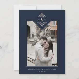 Invitación Navy Sophisticate Flourish Chic Golden Initials