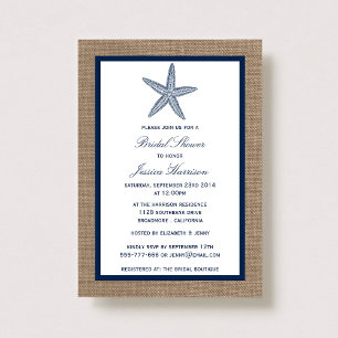 Invitación Navy Starfish Beach Burlap Bridal Shower