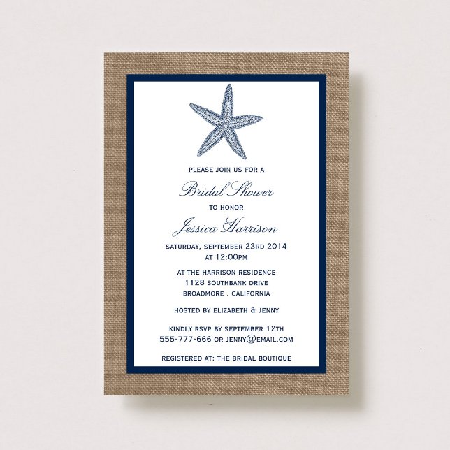 Invitación Navy Starfish Beach Burlap Bridal Shower (Subido por el creador)