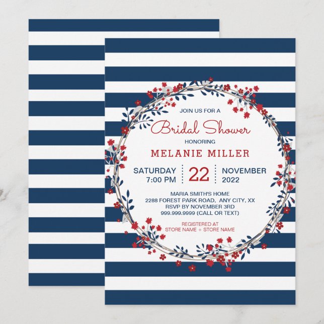 Invitación Navy Stripes floral flor wreath novia ducha invita (Anverso / Reverso)