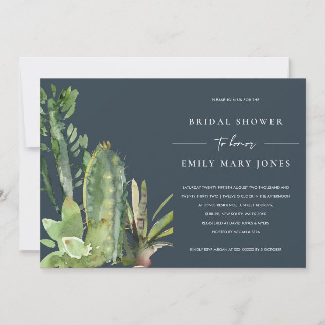 INVITACIÓN NAVY SUCCULENT DESERT CACTI FAUNA BRIDAL DUCHA (Anverso)