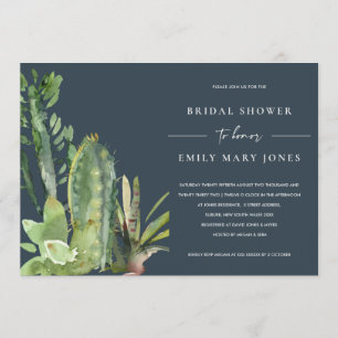 INVITACIÓN NAVY SUCCULENT DESERT CACTI FAUNA BRIDAL DUCHA