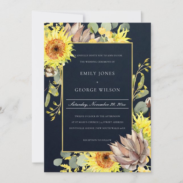 INVITACIÓN NAVY SUNFLOWER EUCALYPTUS BODA DE FLORES PINOS (Anverso)