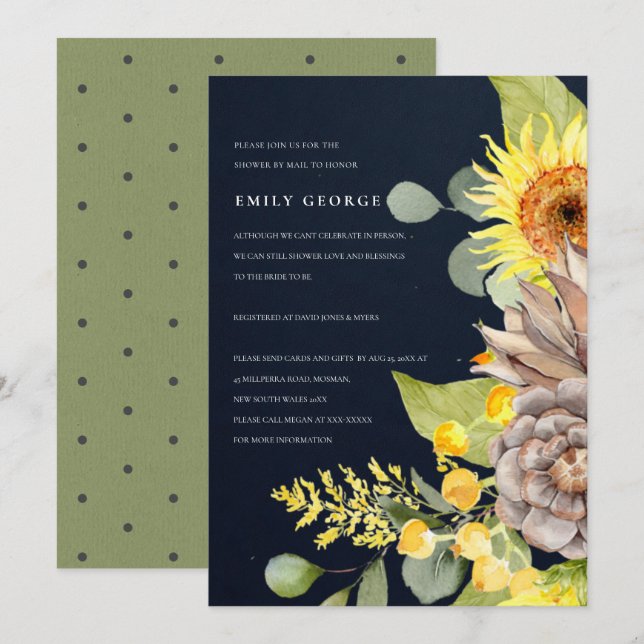 INVITACIÓN NAVY SUNFLOWER EUCALYPTUS FLORAL DUCHA POR CORREO (Anverso / Reverso)