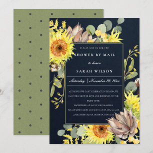 INVITACIÓN NAVY SUNFLOWER EUCALYPTUS FLORAL DUCHA POR CORREO