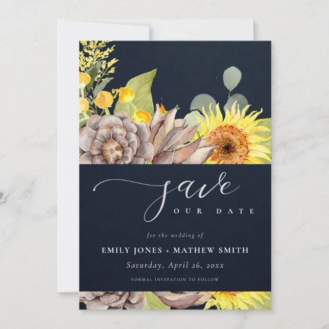 INVITACIÓN NAVY SUNFLOWER EUCALYPTUS FLORAL GUARDAR LA FECHA (Anverso)