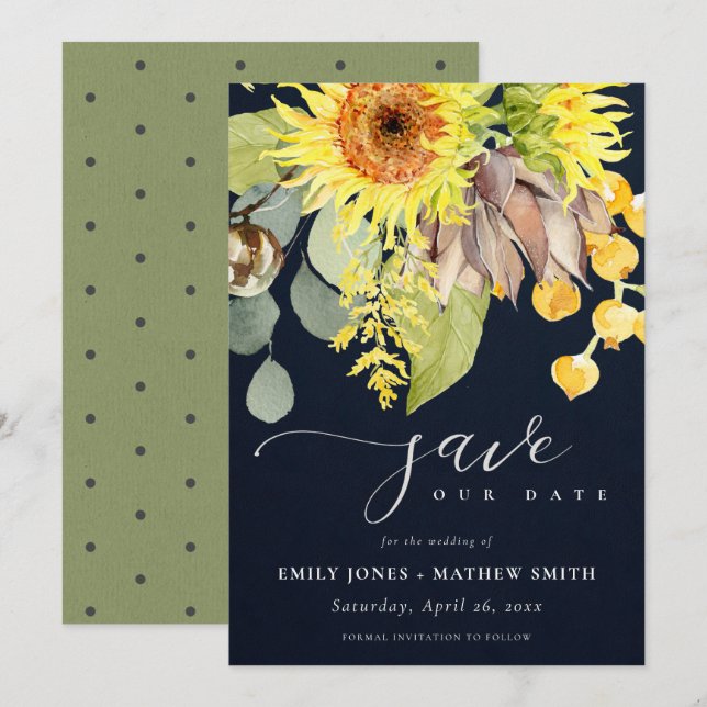INVITACIÓN NAVY SUNFLOWER EUCALYPTUS FLORAL GUARDAR LA FECHA (Anverso / Reverso)