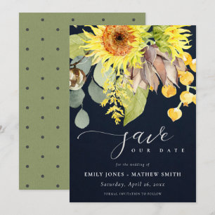 INVITACIÓN NAVY SUNFLOWER EUCALYPTUS FLORAL GUARDAR LA FECHA