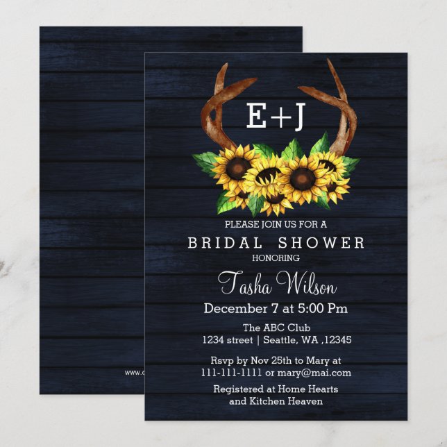 Invitación Navy Sunflowers Antlers Country Moda Bridal Shower (Anverso / Reverso)