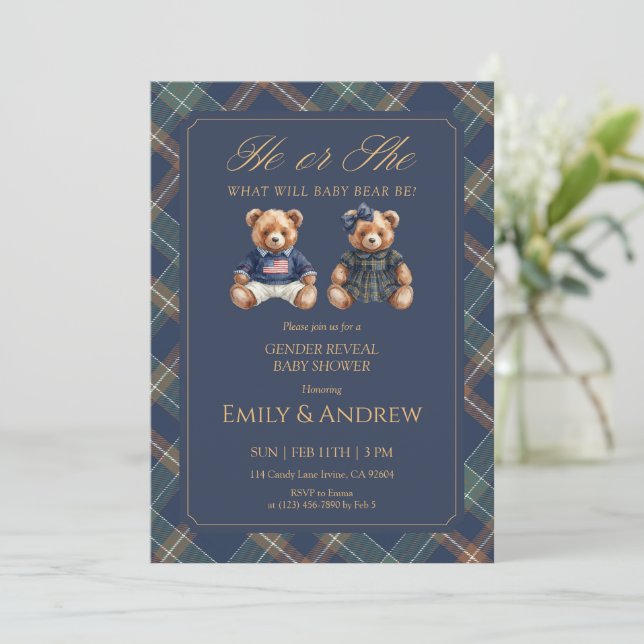 Invitación Navy Tartan He or She Gender Reveal Baby Shower (Anverso de pie)