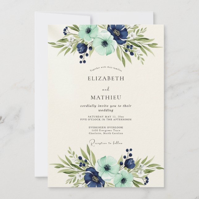 Invitación Navy Teal Opulent Botanical Wedding (Anverso)
