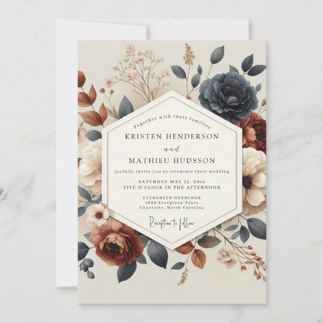 Invitación Navy Terracotta Autumnal Bloom Wedding (Anverso)