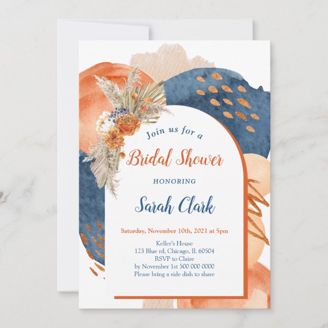 Invitación Navy Terracotta Boho Bridal Shower Invitation (Anverso)