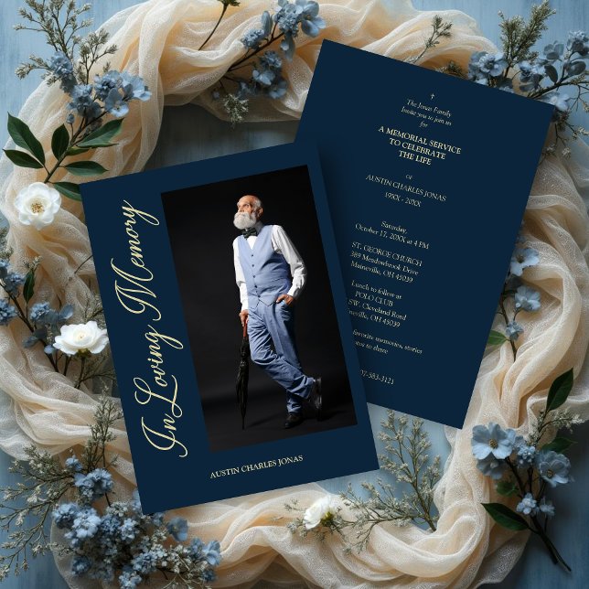 Invitación Navy Traditional Elegant Golden Effect Photo (Navy Traditional & Elegant Golden Effect Photo Funeral Dear Ones Invitation with Envelope.)