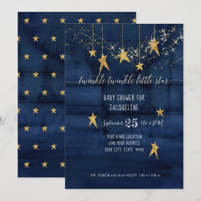 Invitación Navy Twinkle Little Star Gold Boy Baby Shower (Anverso / Reverso)